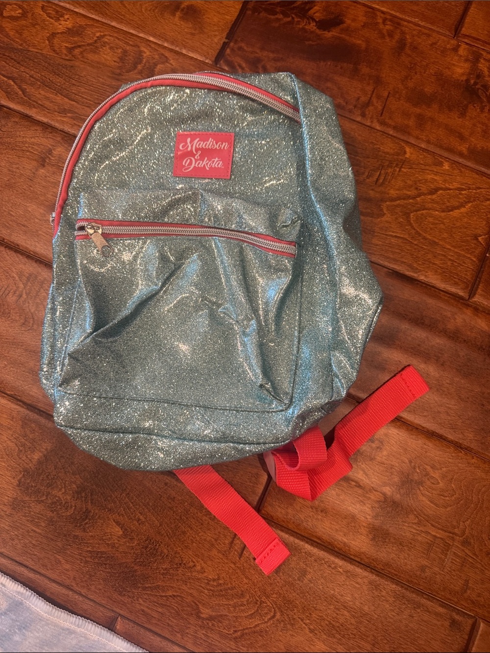 Madison Dakota Glitter Backpack in Aqua with Red Trim